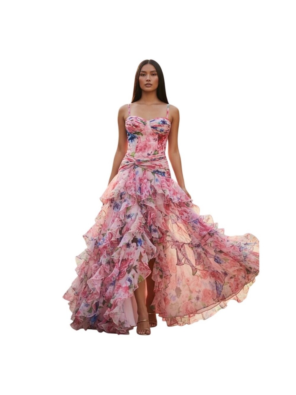 Dress the Population Floral Pink Ruffle Strapless Evening Gown